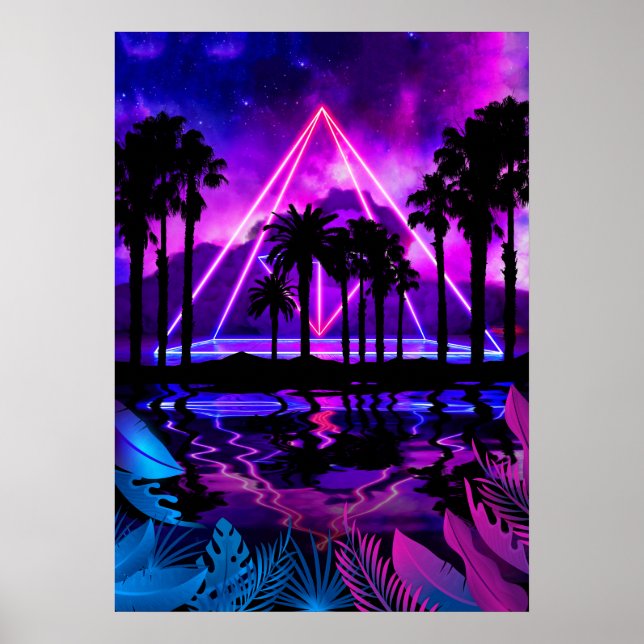 Neonpalmenlandschaft: Pyramide Poster (Vorne)