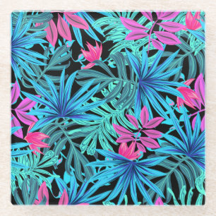Neonpinkes und blaues tropisches Pflanzenmuster Glasuntersetzer