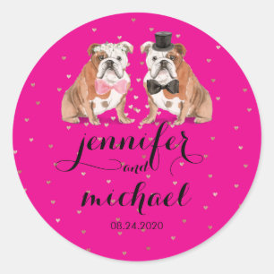 Neonrosa Englische Bulldogge Hochzeit Runder Aufkleber