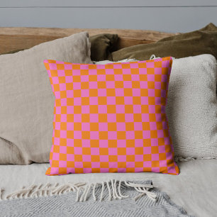 Neonrosa Orange Checkerboard Vintag Kissen