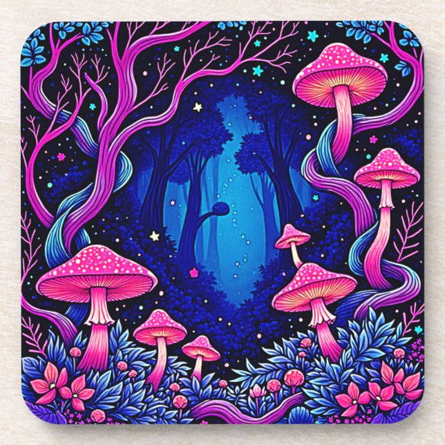 Neonrosa Pilzwald Kunst Getränkeuntersetzer (Vorderseite)