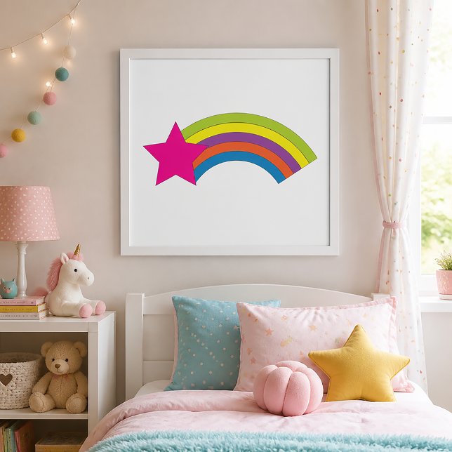 Neonrosa Stern und farbenfroher Regenbogen Whimsic Poster (A poster with a pink star and rainbow)