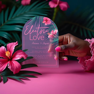 Neonrosa, tropische Retro-Hochzeit mit elektrische Acryleinladungen