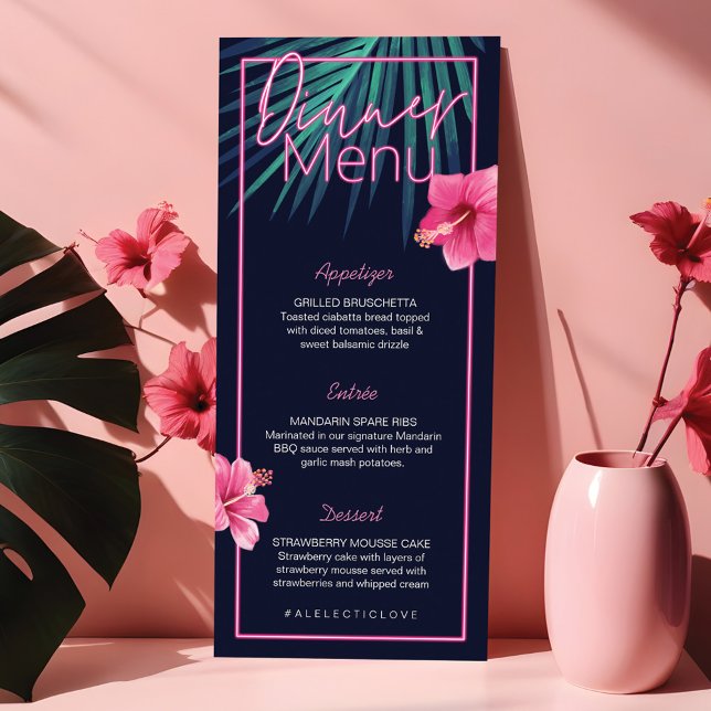 Neonrosa, tropische Retro-Hochzeit mit elektrische Menükarte (Electric Love Neon Pink Tropical Retro Wedding Menu)