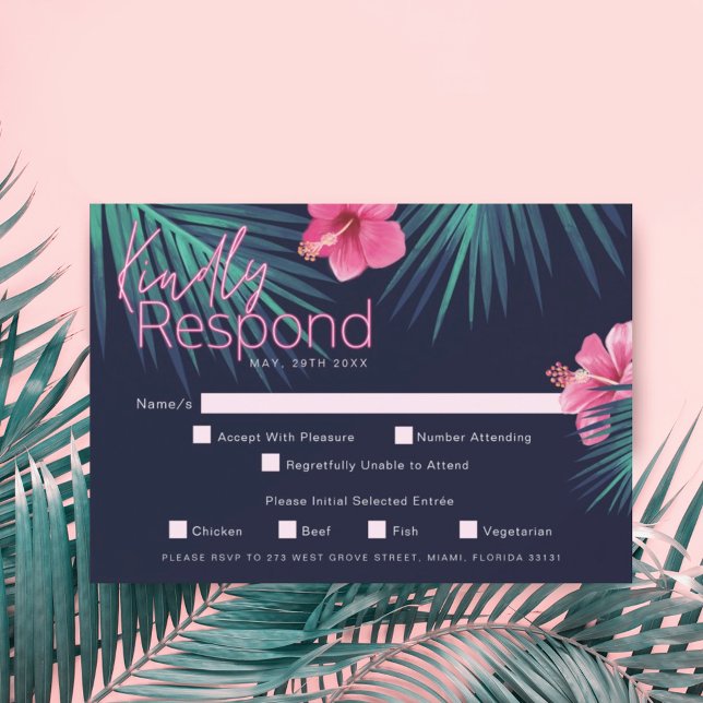 Neonrosa, tropische Retro-Hochzeit mit elektrische RSVP Karte (Von Creator hochgeladen)