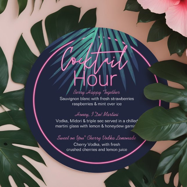 Neonrosa tropischer Retro-Cocktail aus elektrische Menükarte (Electric Love Neon Pink Tropical Retro Cocktail Menu)