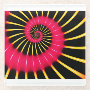 Neonrosa und gelbe Spiralfraktale Glasuntersetzer