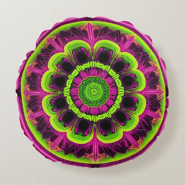 Neonrosa und grünes Kaleidoskop Rundes Kissen (Vorderseite)