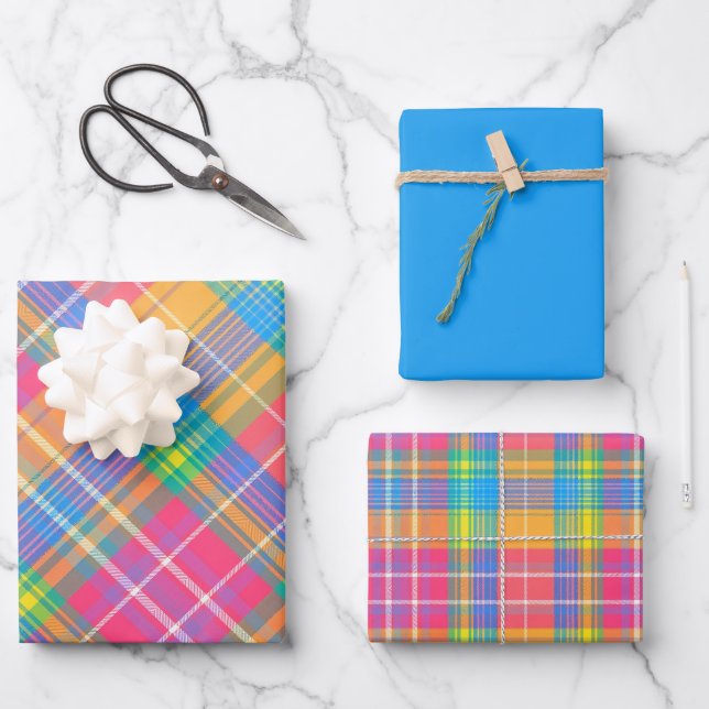 Neonrosa, Zitronengrün, Blau, Orange und Gelb Kari Geschenkpapier Set (Vorderseite)