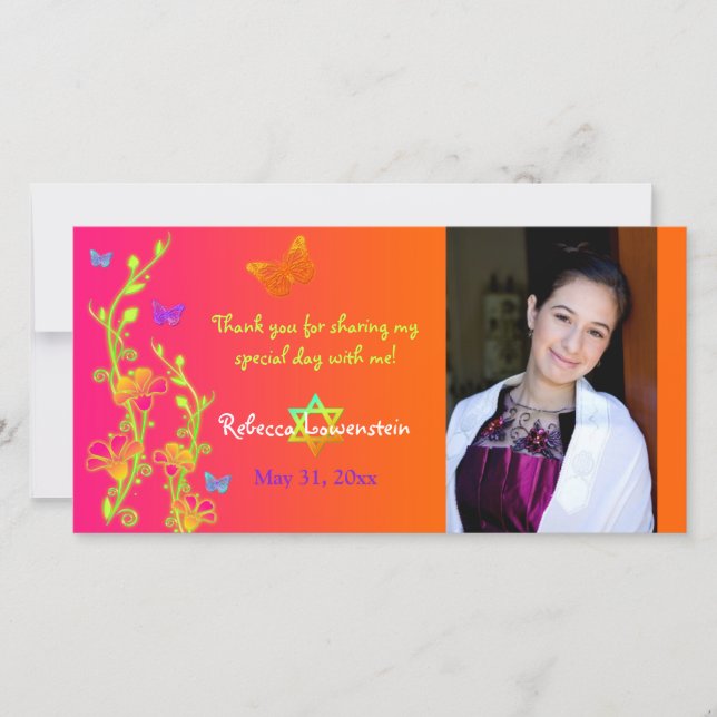 Neonschmetterlinge u. Blumen-Foto danken Ihnen Dankeskarte (Vorderseite)