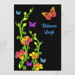 Neonschmetterlinge u. Blumen-Schläger Mitzvah Einladung