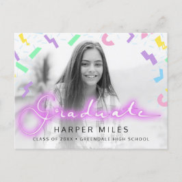 Neonskript und Muster-Abschluss-Foto der 80er Jahr Postkarte