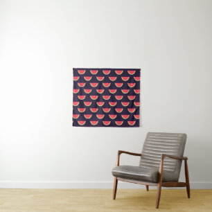 Neonwassermelone auf lila Muster Wandteppich