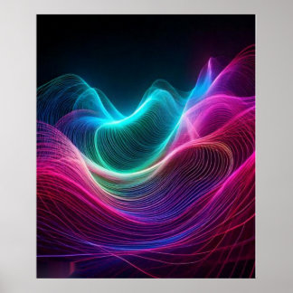 Neonwellen auf dunkler abstrakter Digitalkunst Poster