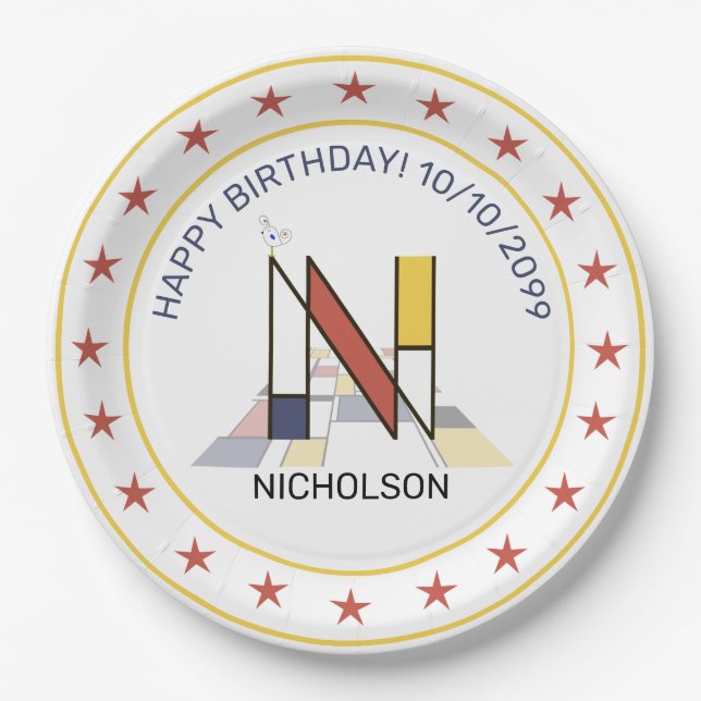 Neoplastik Art Elegant Monogram. Buchstabe N Pappteller (Vorderseite)