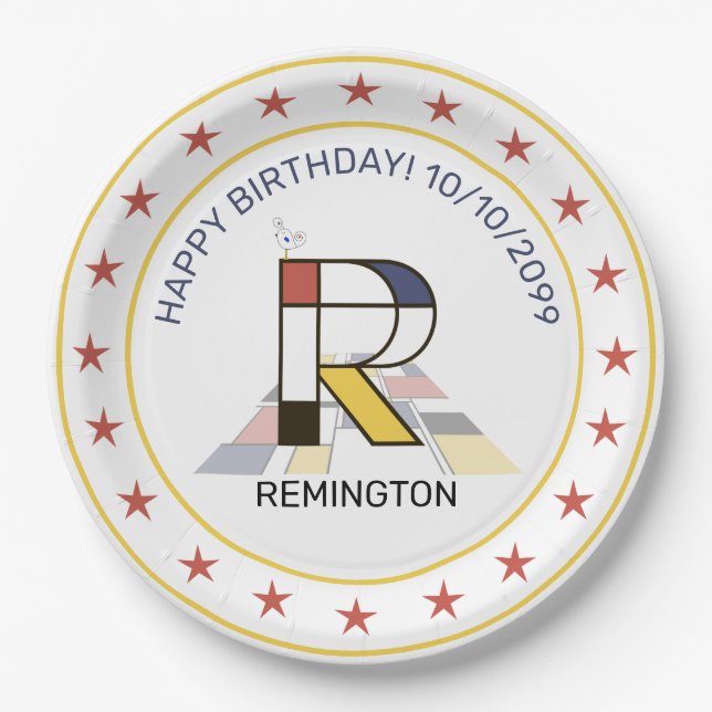 Neoplastik Art Elegant Monogram. Buchstabe R Pappteller (Vorderseite)