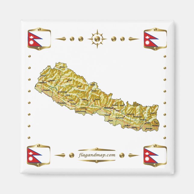 Nepal Karte + Flaggen Magnet (Vorne)