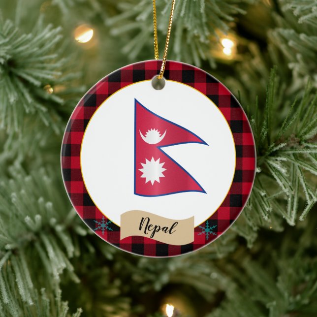 Nepal, Roter Büffel kariert & nepalesische Flagge Keramik Ornament (Baum)