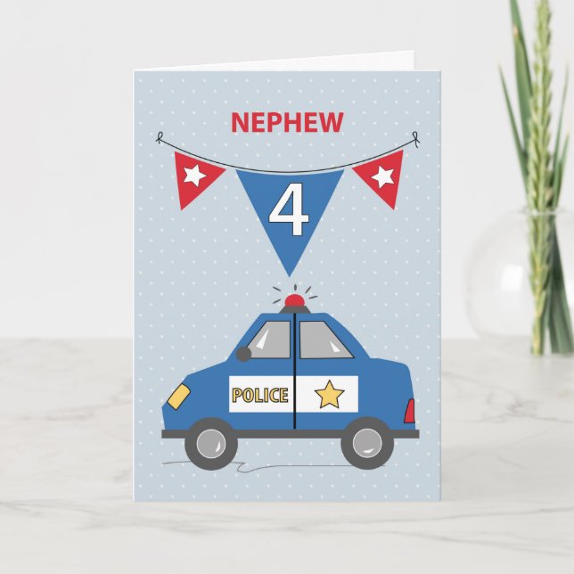 Nephew 4. Geburtstag Blue Police Car Karte (Vorderseite)