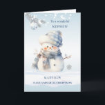 Nephew Blue Christmas Snowman Feiertagskarte<br><div class="desc">Weihnachtskarte mit blauem Schneemann,  silberner Kiefernzweig und Baubel.</div>