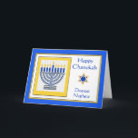 Nephew Chanukah Zeitgenössische Menorah Karte<br><div class="desc">Happy Chanukah Liebe Nephew,  zeitgenössische Menorah mit blauen Kerzen,  Papier Grußkarte. Digitale Illustration mit einer beleuchteten Menorah und einem Stern von David. Art,  Bild und Vers Copyright © Shoaff Ballanger Studios,  2024.</div>