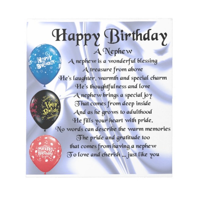 Nephew Gedicht - Happy Birthday Notizblock (Vorderseite)
