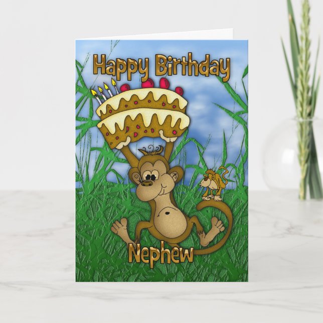 Nephew Happy Birthday mit Affen, die Kuchen halten Karte (Vorderseite)