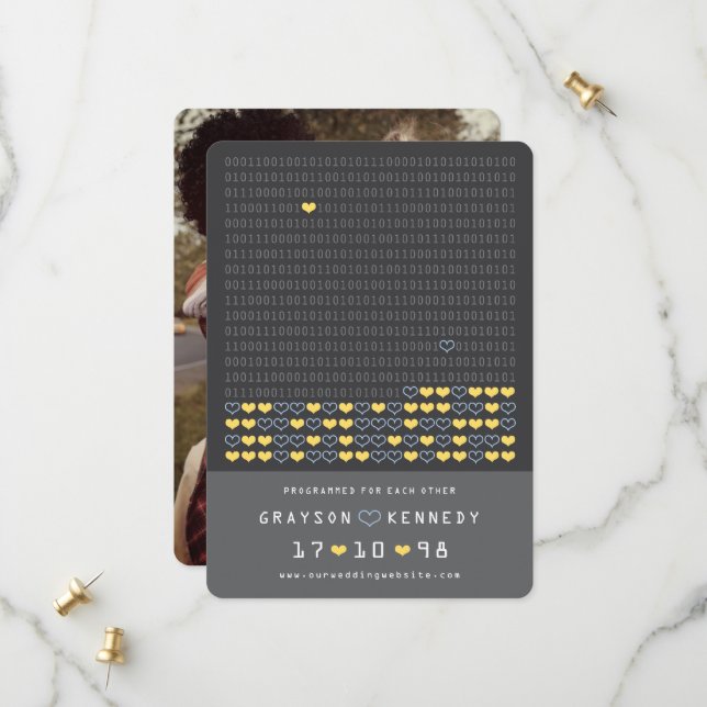 Nerd für die Liebe programmiert Binärcode Termin v Save The Date (Vorderseite/Rückseite Beispiel)