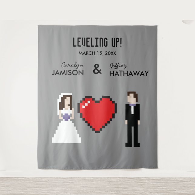 Nerdige 8-Bit-Herz-Hochzeit oder Verlobungshinterg Wandteppich (Vorderseite)