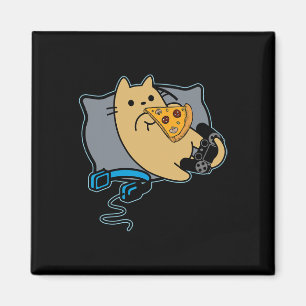 Nerdige Pizza essende Gamer-Katze Spiel pausiert  Magnet