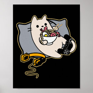 Nerdige Ramen essende Gamer-Katze Spiel pausiert Poster