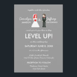 Nerdy 8-Bit Braut & Groom Hochzeit Einladung<br><div class="desc">Diese lustige und lustige,  aber schlichte und Save the Date schicke Hochzeitseinladung beinhaltet 8-Bit Braut- und Bräutigam-Figuren mit lila Akzenten,  die sich auf silbergrauem Hintergrund ansehen.  Braut hat rotes Haar und rotes Bouquet</div>