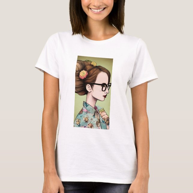 Nerdy Asian Girl Holding Books T-Shirt (Vorderseite)