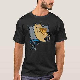 Nerdy Pizza Eating Gamer Cat Game Pausst T-Shirt