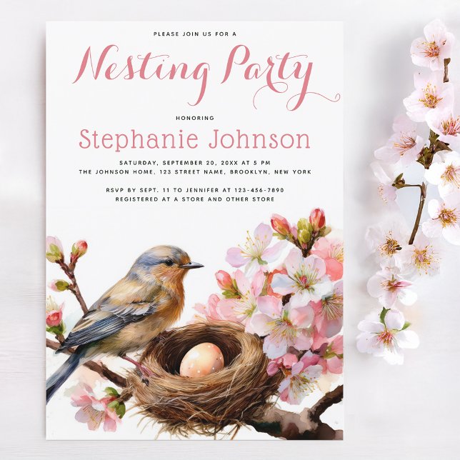 Nest Party Bird Nest Ei Pink Floral Wasserfarbe Einladung (Von Creator hochgeladen)
