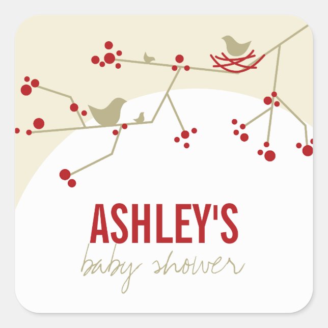 Nesting Bird Family auf Branchen Moderne Babydusch Quadratischer Aufkleber (Vorderseite)