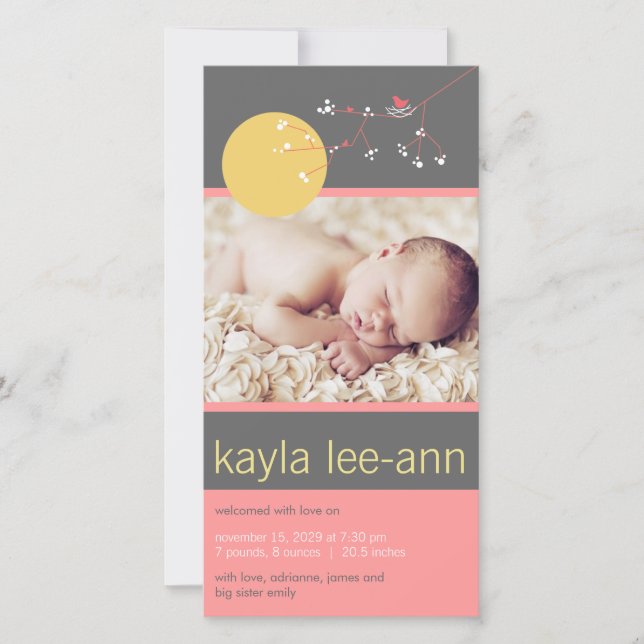 Nesting Bird & Family Baby Girl Faire-part de nais (Devant)