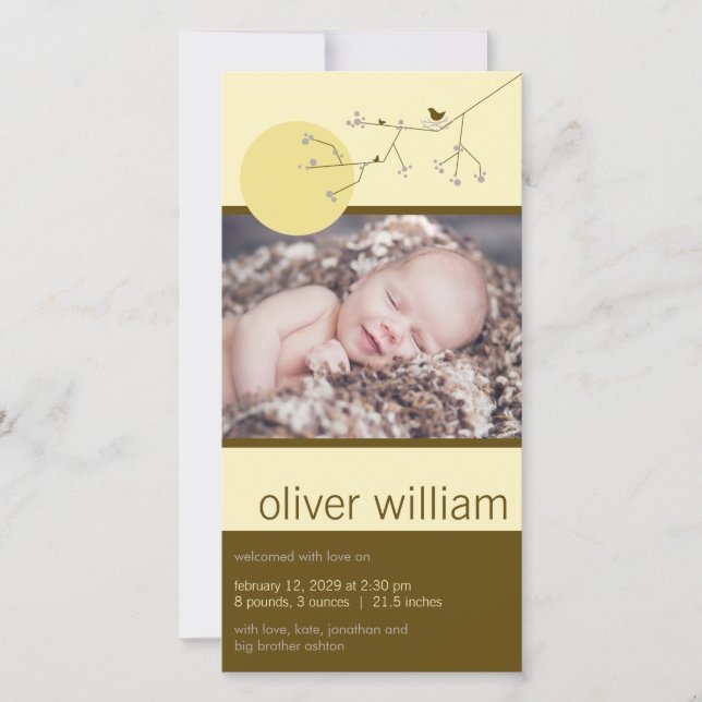 Nesting Bird Family Boys oder Girl Baby Foto Birth Ankündigung (Vorderseite)