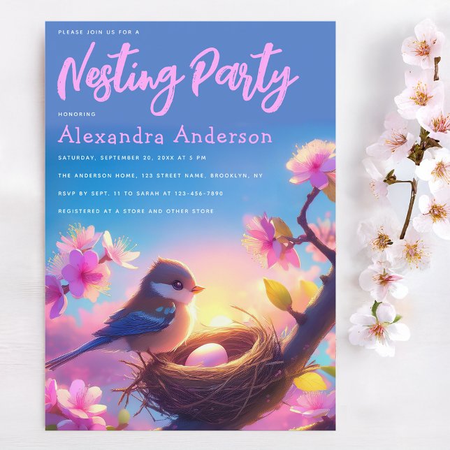 Nesting Party Niedlich Bird & Ei Floral Pink Bloss Einladung (Von Creator hochgeladen)