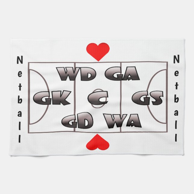 Netball-Gericht und Positions-Herz-Entwurf Geschirrtuch (Horizontal)