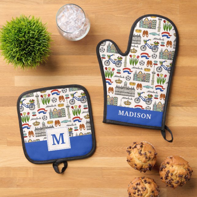 Netherland-Doodle-Muster Ofenhandschuh & Topflappen-Set (Oben Unten)