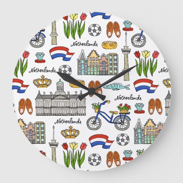 Netherland Doodle Pattern Große Wanduhr (Vorderseite)