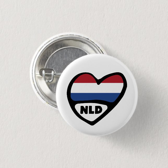 Netherlands Country Code Flag Heart Pin Badge, NLD Button (Vorne & Hinten)