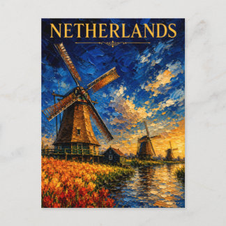 Netherlands: Golden Sunset Windmill Art Souvenir Postkarte