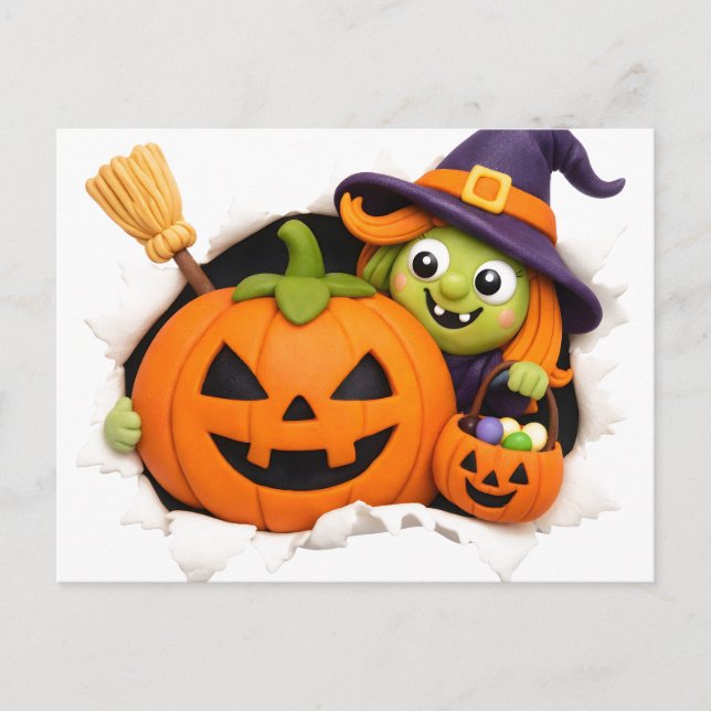 Nette Hexe und Jack-o'-Lantern-Tonfigur Postkarte (Vorderseite)
