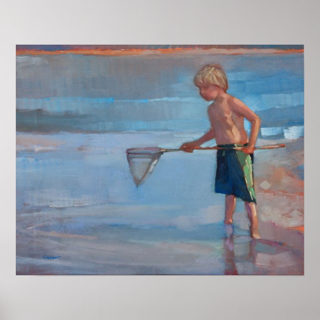 Netzarbeit - Junge mit Net am Strand Poster (Vorne)
