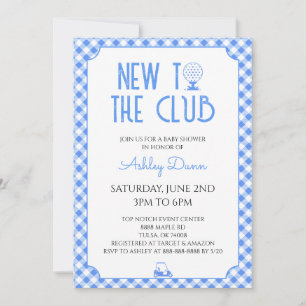 Neu im Club Blau Gingham Golf Baby Shower Einladung