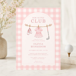Neu im Club Golf Rosa Gingham-Baby-Party Einladung
