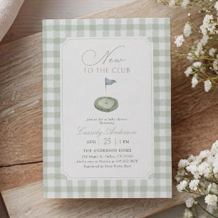 Neu im Club Sage Gingham Golf Baby Shower Einladung