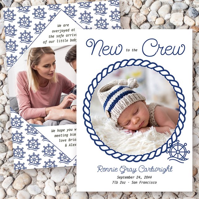 Neu in der Crew 2 Foto Blue Nautical Wheel Birth Ankündigung (Nautical baby birth announcement with 2 of your photos and "new to the crew wording")